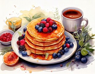 Watercolor breakfast flat-lay with pancakes, berries, and a steaming cup of coffee isolated on white background with copy space 