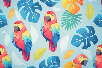 Fototapeta premium Tropical parrots surrounded by lush foliage in vivid colors, creating a vibrant and lively atmosphere, ideal for nature themed projects and designs
