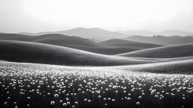 78. A serene landscape with rolling hills covered in wildflowers, captured in monochrome