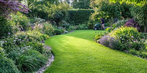 A gardener mowing the lawn and trimming edges in a well-maintained garden.