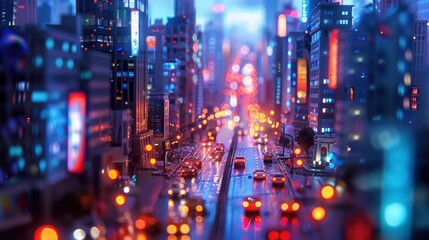 Night city miniature model with vibrant lights and traffic.