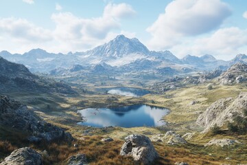 Serene mountain lake reflecting sky.