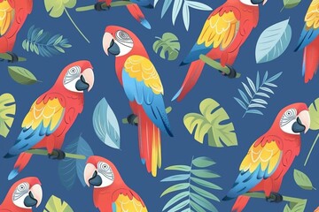 Tropical parrots surrounded by lush foliage in vivid colors, creating a vibrant and lively atmosphere, ideal for nature themed projects and designs