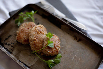 Golden-brown homemade meat patties are neatly placed on a rustic tray, accompanied by fresh parsley sprigs. The soft natural light and vintage setting bring a cozy, home-cooked atmosphere to life.