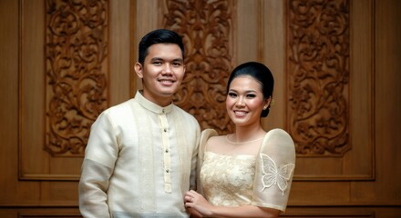 Traditional filipino attire celebration with young asian couple in barong and terno