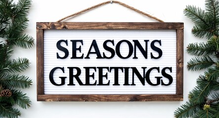 seasons greetings lettering on hanging sign board on plain white background
