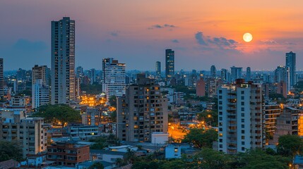 Naklejka premium Sunset cityscape, urban skyline at dusk.