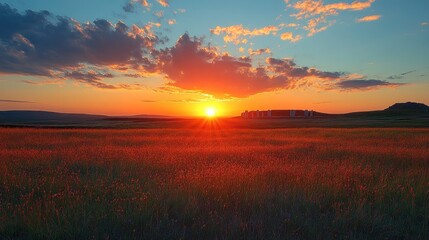 A vibrant sunset over a grassy field, with clouds and distant structures silhouetted.