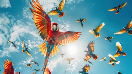 Fototapeta premium Scarlet macaw in flight with flock against bright sunlit sky.