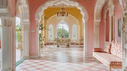 Pink palace hallway with arched doorways, ornate columns, checkered floor, and antique furniture.