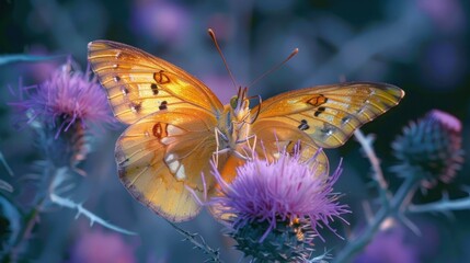 Obraz premium Orange butterfly on purple thistle flower.