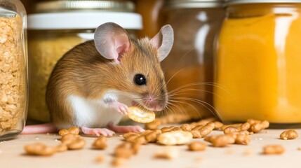 A small mouse nibbling on a cracker while sitting beside jars of preserved food, including nuts and honey, in a warm, brightly lit pantry setting