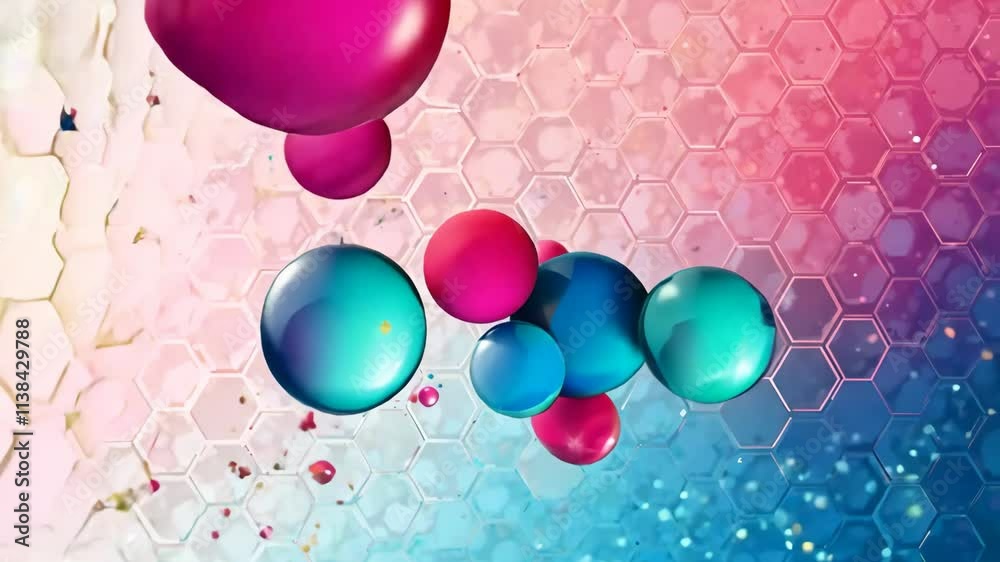 Poster a colorful background with many small blue and pink spheres. the spheres are scattered throughout th
