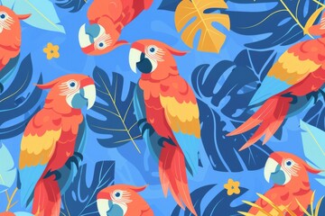 Obraz premium Tropical parrots surrounded by lush foliage in vivid colors, creating a vibrant and lively atmosphere, ideal for nature themed projects and designs
