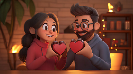 Couple exchanging heart-shaped chocolates, glowing evening ambiance, 3D illustration 