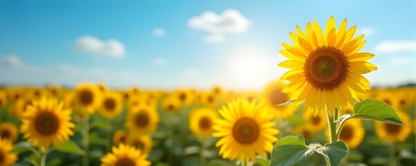 Obraz premium Golden sunflowers bathed in sunlight, a vibrant field stretching to the horizon under a bright blue sky. Pure joy!