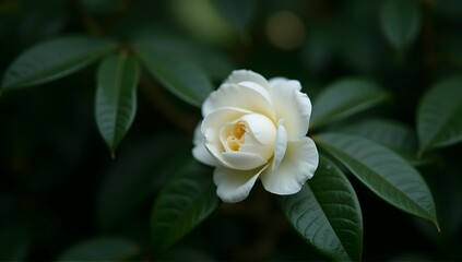 A pristine white camellia, delicately blooming amidst lush, dark green foliage.  Nature's serene beauty unfolds.