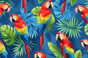 Naklejka premium Tropical parrots surrounded by lush foliage in vivid colors, creating a vibrant and lively atmosphere, ideal for nature themed projects and designs