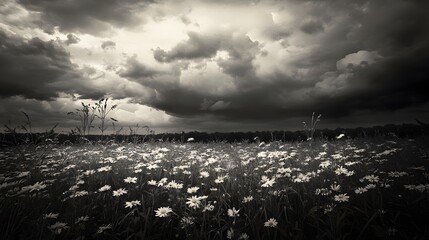 Fototapeta premium 99. A serene landscape featuring a field of wildflowers under a moody sky in monochrome