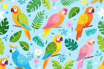 Tropical parrots surrounded by lush foliage in vivid colors, creating a vibrant and lively atmosphere, ideal for nature themed projects and designs