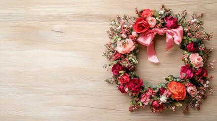 Fototapeta premium Lovely Floral Wreath Adorns Wooden Background