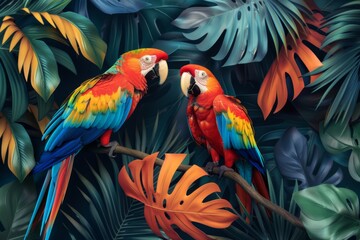 Obraz premium Tropical parrots surrounded by lush foliage in vivid colors, creating a vibrant and lively atmosphere, ideal for nature themed projects and designs
