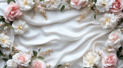 Delicate Pink and White Roses Arranged on White Silk
