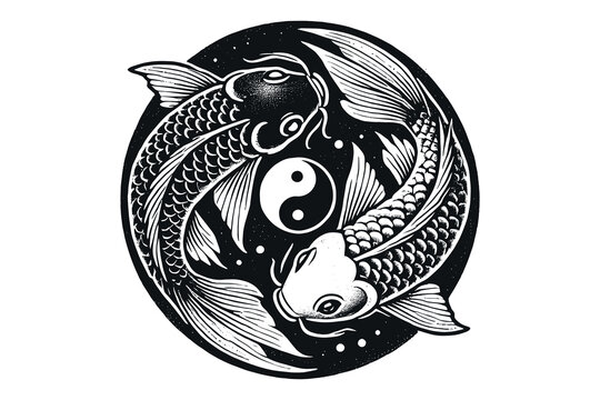 recommend clip art: Hand-drawn black and white koi fish in yin-yang circular design