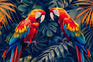 Obraz premium Tropical parrots surrounded by lush foliage in vivid colors, creating a vibrant and lively atmosphere, ideal for nature themed projects and designs