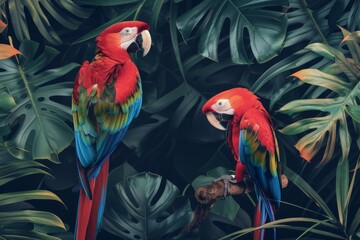 Fototapeta premium Tropical parrots surrounded by lush foliage in vivid colors, creating a vibrant and lively atmosphere, ideal for nature themed projects and designs