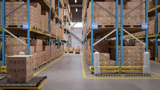 Autonomous AGV robots transporting cardboard boxes in automated warehouse or distribution logistics center. Smart warehouse automation concept. Seamless looping parallel shot. 3d rendering animation.