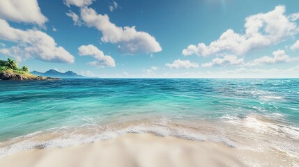 Fototapeta premium A serene beach with soft white sand, gentle waves, and vibrant coral reefs visible beneath the clear blue water