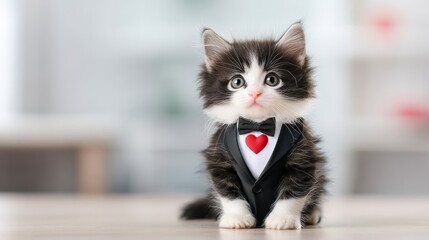 A cute kitten dressed in a tuxedo with a heart-shaped accessory, sitting elegantly on a table. Perfect for themes of love and celebration.