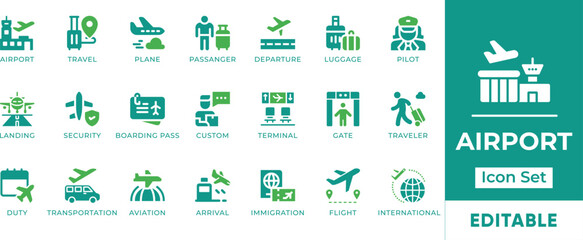 Airport Icon Set. Features editable icons information, immigration, ticket, duty, vip, security, flying, pass, and pilot. Perfect for travel websites, airline websites, and aviation-related projects.