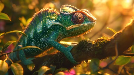 Obraz premium Vibrant chameleon on branch at sunset.