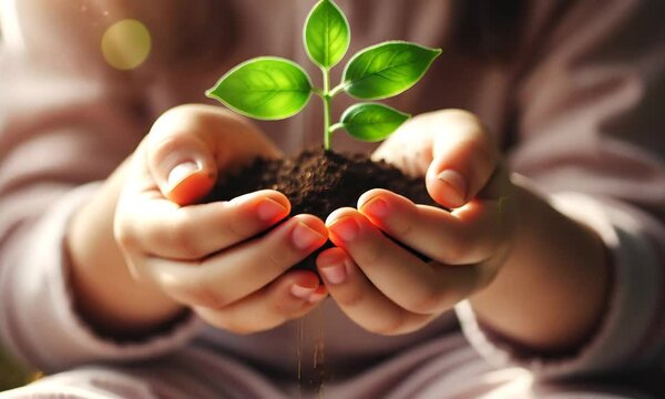 Nahaufnahme H&auml;nde eines Kindes halten Erde mit einer Jungpflanze Pflanze Pf&auml;nzchen Wachstum Umwelt- Schutz &Ouml;ko- Bio- diversizit&auml;t Artensterben Erhalt besch&uuml;tzen M&auml;dchen Junge Kinder zeigen Natur