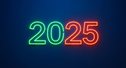 HD Retro Neon 2025 Sign, Bright Neon Green and Orange on a Vibrant Blue Background