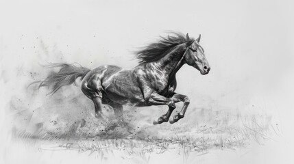 Obraz premium Majestic black and white horse galloping, dust flying.