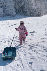 Little kid pulling the sled on the top of the mountain in french Alps during beautiful sunny winter day
