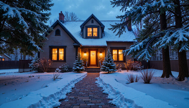 Snowy cozy house at night during winter with warm lights and trees surrounding
