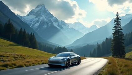 Electric Car on Mountain Road: A sleek, silver electric car glides along a winding mountain road, showcasing the beauty of nature and modern transportation.