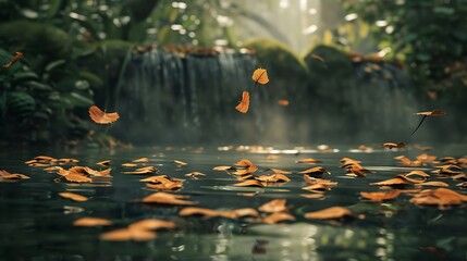 Leaves floating down a quiet stream, their steady movement creating a calming rhythm.