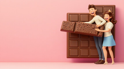 Couple sharing a giant chocolate bar, laughter and joy in their expressions, 3D illustration 