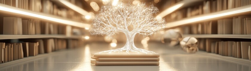 Glowing Tree of Knowledge on Books in Library