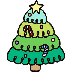 Cheerful Christmas Tree, Decorated Holiday Tree, Festive Candy Cane Tree, Cartoon Christmas Pine, Starry Holiday Evergreen