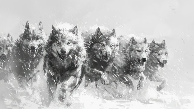 A pack of wolves running through a snowy blizzard.