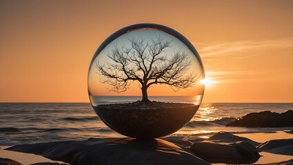 Crystal lens ball photography of greenery and a lake