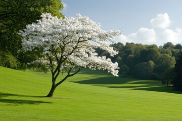 Fototapeta premium springtime nature scene, tall trees in bloom in a serene park, bathed in equinox light, creating a perfect backdrop for text with ample room