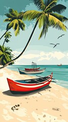 Obraz premium Tropical Beach Scene with Boats and Palm Trees