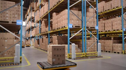 Autonomous AGV robots transporting cardboard boxes in automated warehouse or distribution logistics center. Smart warehouse automation concept. Seamless looping parallel shot. 3d rendering animation.